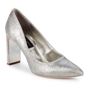 DONNA KARAN NY CRISS SILVER METALLIC PONY HAIR POINTED TOE BLOCK HEEL PUMPS